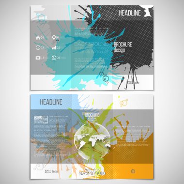 Vector set of tri-fold brochure design template on both sides with world globe element. Abstract hand drawn spotted colorful  background, composition for your design, grunge style vector illustration clipart