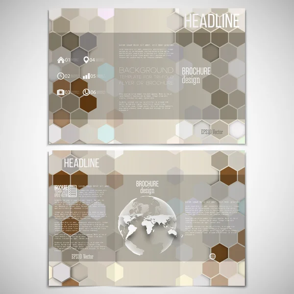 Set vettoriale di brochure trifold modello di design su entrambi i lati con elemento globo mondo. Esagonale moderno elegante geometrico sfondo marrone — Vettoriale Stock