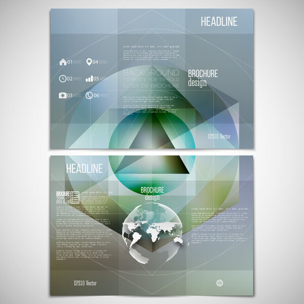 Векторный набор трехкратного шаблона оформления брошюры с обеих сторон с элементом мирового шара. Полигональный рисунок, минималистичный геометрический логотип, размытый фон
