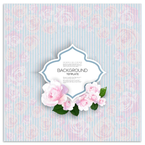 Huwelijk uitnodigingskaart met plaats voor tekst en roze bloemen over lineaire blauwe achtergrond, textuur van het doek. Vectorillustratie — Stockvector