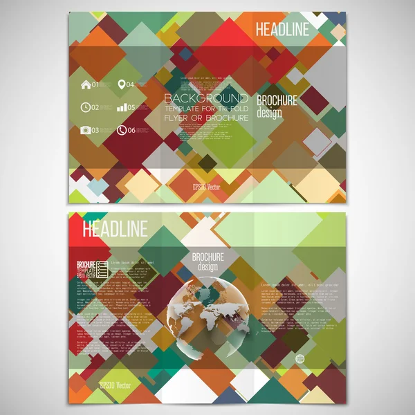 Vektor-Set von dreifach gestalteten Broschüren auf beiden Seiten mit Weltkugelelement. abstrakter farbiger Hintergrund, Vektorillustration — Stockvektor