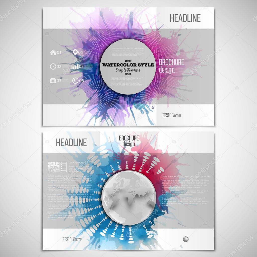 Vector set of tri-fold brochure design template on both sides with world globe element. Abstract circle white banners, watercolor stains and vintage style star burst, vector illustration