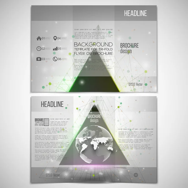 Vector set of tri-fold brochure design template on both sides with world globe element. Abstract triangle banner, molecule structure backdrop, vector illustration — ストックベクタ