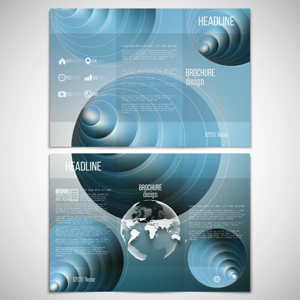 Vector set of tri-fold brochure design template on both sides with world globe element. Circles pattern, blue blurred background, 3D pyramid — Stock Vector