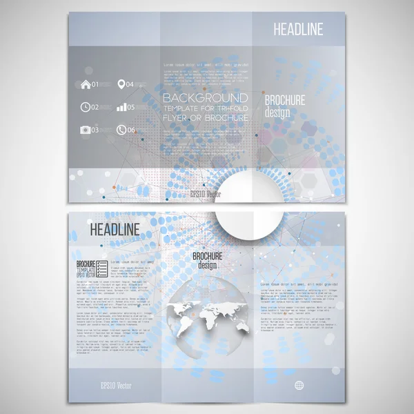 Conjunto vetorial de modelo de design de brochura tri-fold em ambos os lados com elemento globo mundial. Estrutura da molécula, fundo azul para comunicação, ilustração do vetor da ciência —  Vetores de Stock