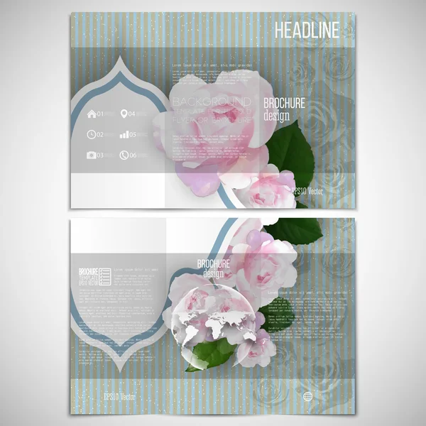 Conjunto vectorial de tríptico plantilla de diseño de folleto en ambos lados con elemento globo mundo. Flores rosadas sobre fondo azul lineal, patrón vectorial floral — Vector de stock