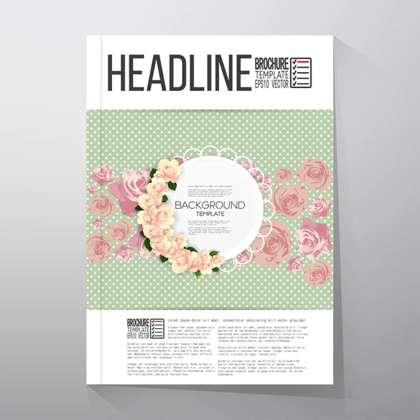 Floral background with place for text and pink flowers over green dotted background. Brochure or flyer vector template — Stok Vektör
