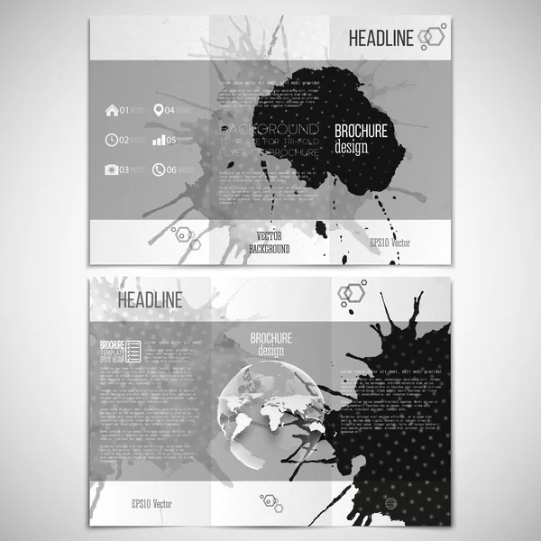 Vector set of tri-fold brochure design template on both sides with world globe element. Abstract hand drawn spotted colorful  background, composition for your design, grunge style vector illustration — Stockový vektor