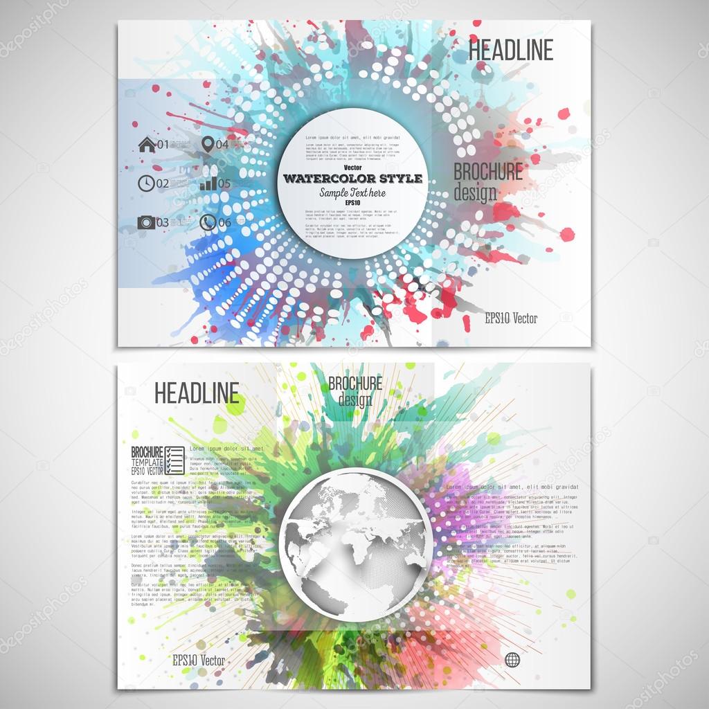 Vector set of tri-fold brochure design template on both sides with world globe element. Abstract circle white banners, watercolor stains and vintage style star burst, vector illustration