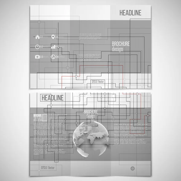 Vector set of tri-fold brochure design template on both sides with world globe element.  Connected lines and dots, white background. Modern stylish geometric monochrome vector backdrop — Stok Vektör