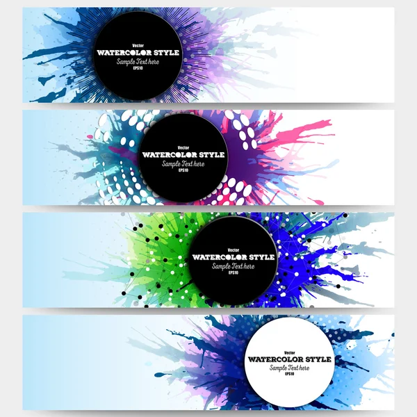 Web banners collection, abstract header layouts. Set of colorful headers with  watercolor stains and place for text, vector illustration templates — Stock Vector