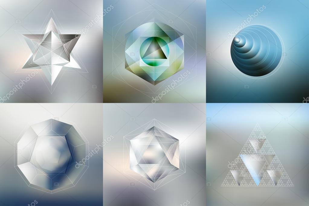 Set of Polygon patterns with the reflection, minimalistic geometric facet crystal logos on blurred background, vector illustration