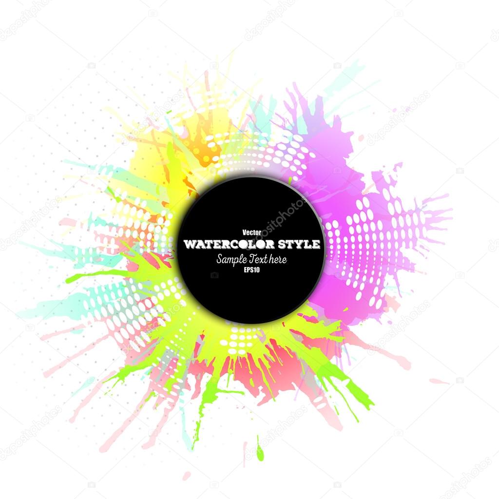 Abstract circle black banner with place for text and watercolor stains. Colorful background, business vector pattern