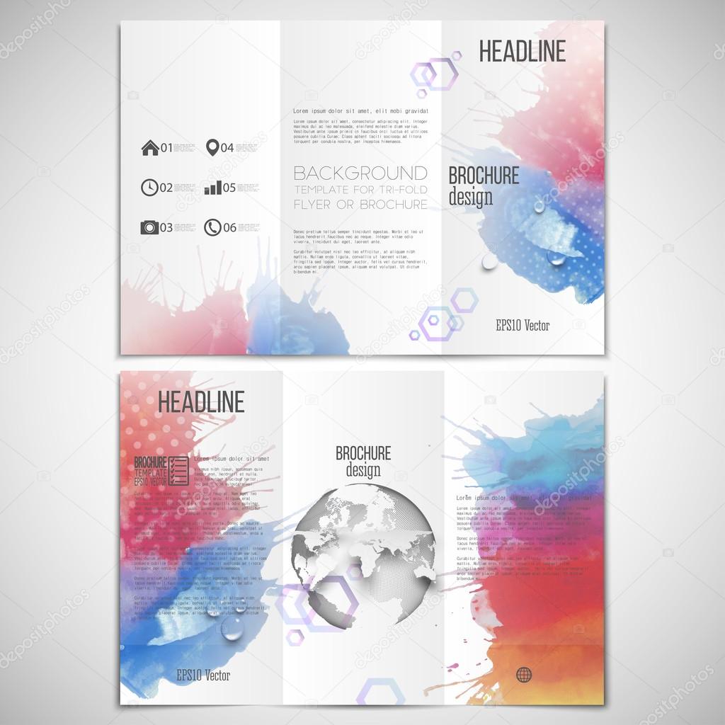 Vector set of tri-fold brochure design template on both sides with world globe element. Abstract hand drawn spotted colorful  background, composition for your design, vector illustration