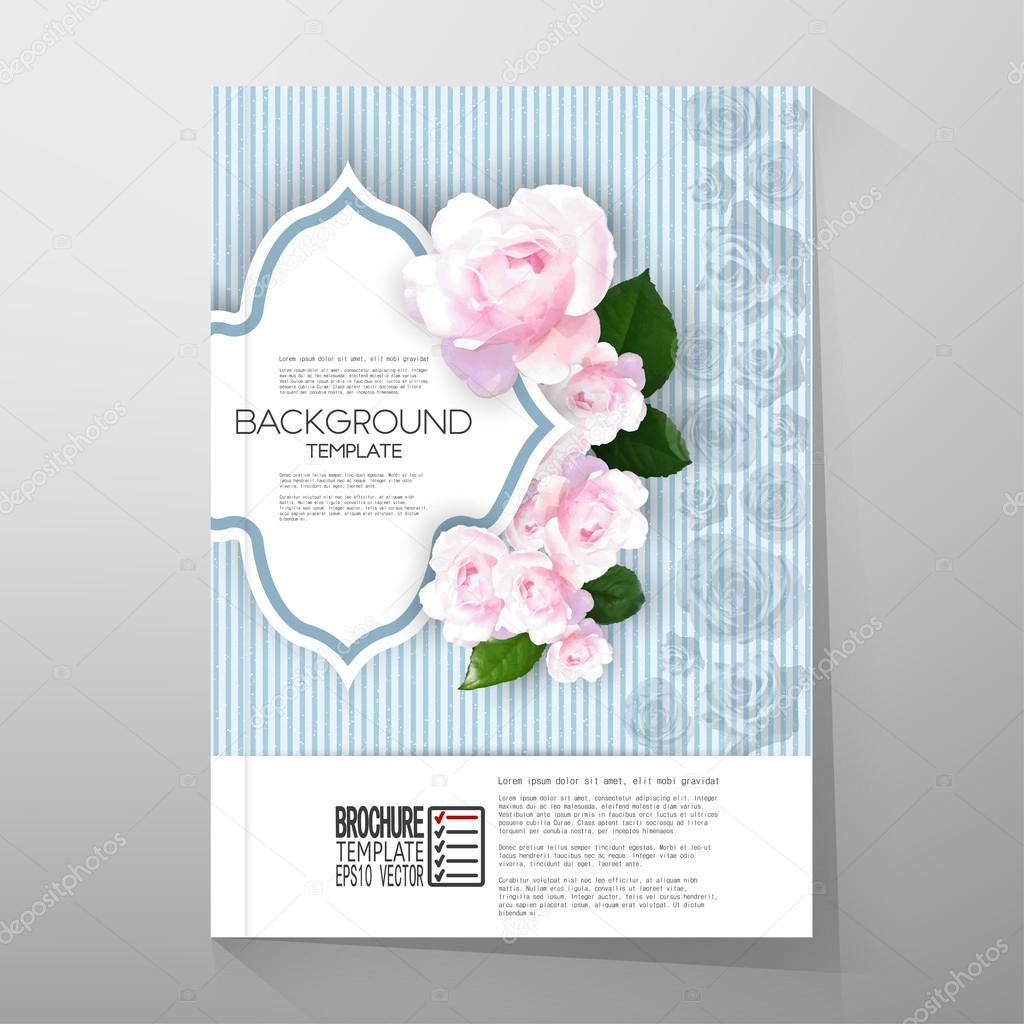 Floral background with place for text and pink flowers over linear blue background. Brochure or flyer vector template