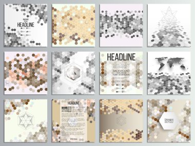 Set of 12 creative cards, square brochure template design, geometric backgrounds set, abstract hexagonal vector patterns