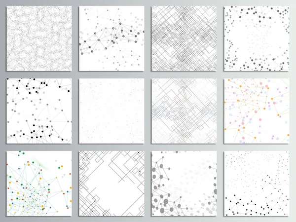 Set of 12 creative cards, square brochure template design. Molecular structure, gray backgrounds for communication, science abstract vector illustration — Stock Vector