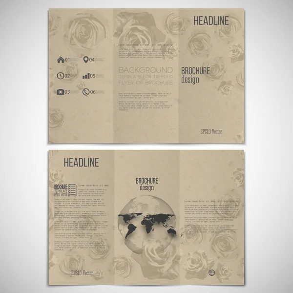 Vector set of tri-fold brochure design template on both sides with world globe element. Drawn grunge flowers over canvas texture, vector illustration — Stok Vektör