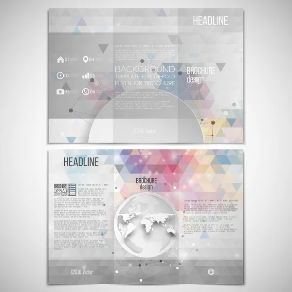 Vector set of tri-fold brochure design template on both sides with world globe element. Connection backdrop, triangle style vector illustration — ストックベクタ