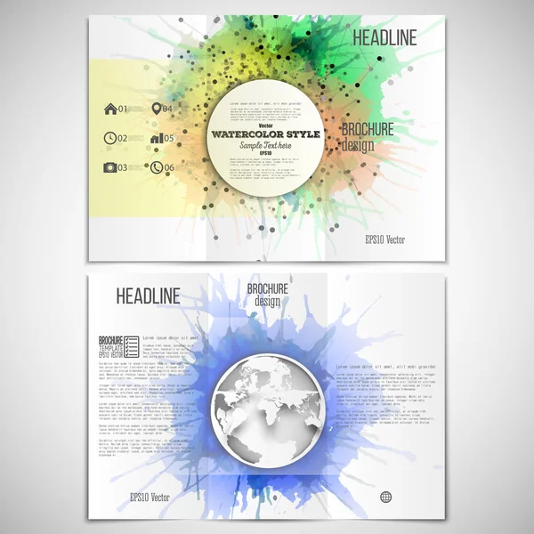 Conjunto vectorial de tríptico plantilla de diseño de folleto en ambos lados con elemento globo mundo. Banderas coloridas abstractas, manchas de acuarela y rejilla geométrica molecular, ilustración vectorial — Archivo Imágenes Vectoriales