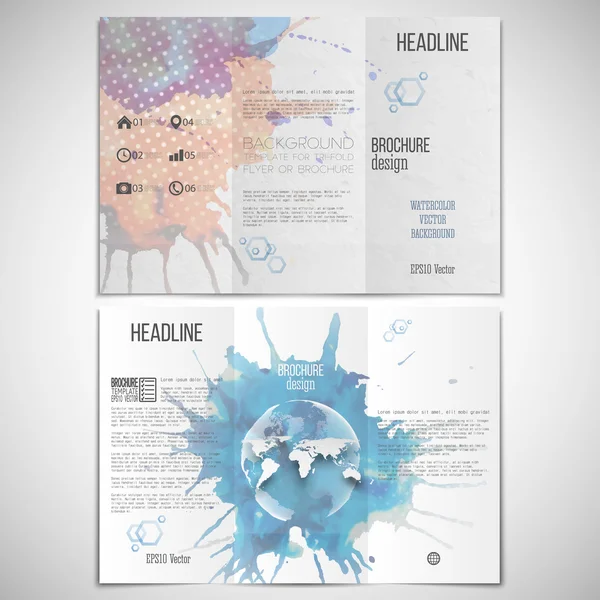 Vector set of tri-fold brochure design template on both sides with world globe element. Abstract hand drawn spotted colorful  background, composition for your design, vector illustration — 图库矢量图片