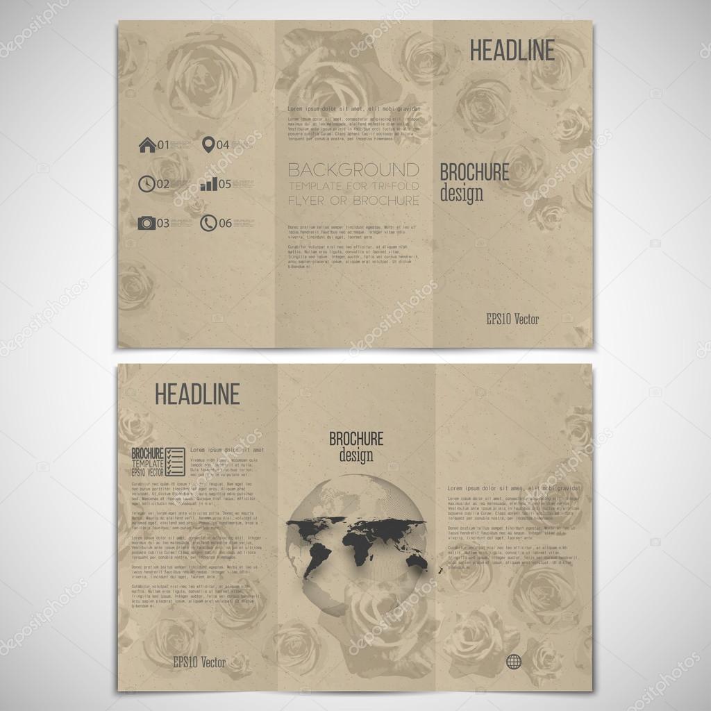 Vector set of tri-fold brochure design template on both sides with world globe element. Drawn grunge flowers over canvas texture, vector illustration