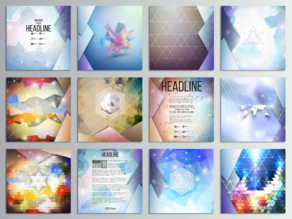 Lot de 12 cartes créatives, conception de gabarits de brochures carrées, décors de science géométrique, motifs vectoriels colorés triangulaires abstraits — Image vectorielle