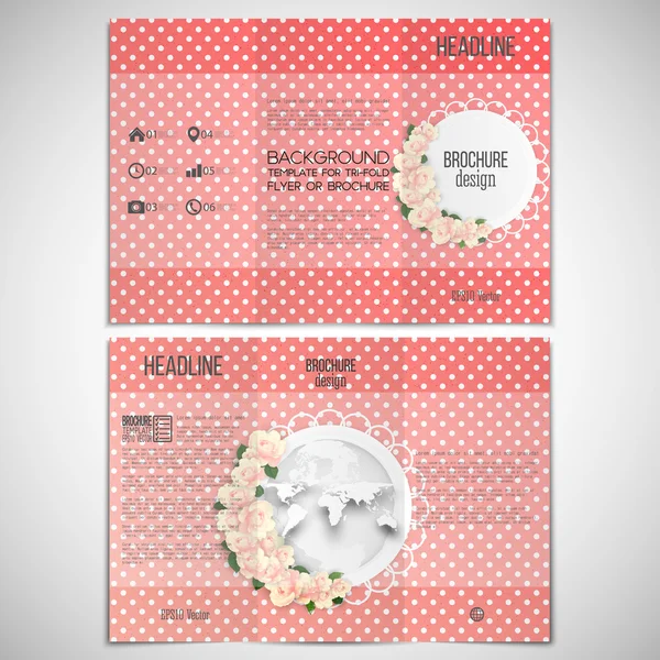Vector set of tri-fold brochure design template on both sides with world globe element. Pink flowers over dotted red background, floral vector pattern — Stock vektor