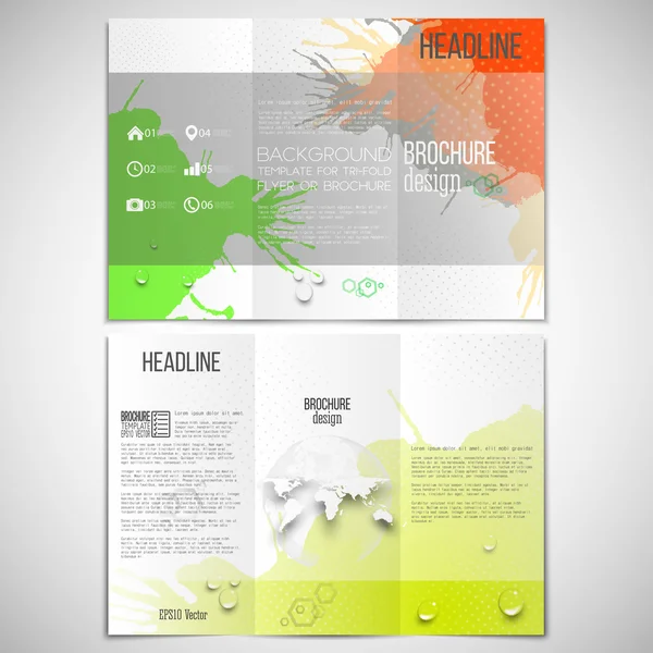 Set vettoriale di brochure trifold modello di design su entrambi i lati con elemento globo mondo. Astratto disegnato a mano macchiato sfondo colorato, composizione per il vostro disegno, illustrazione vettoriale — Vettoriale Stock