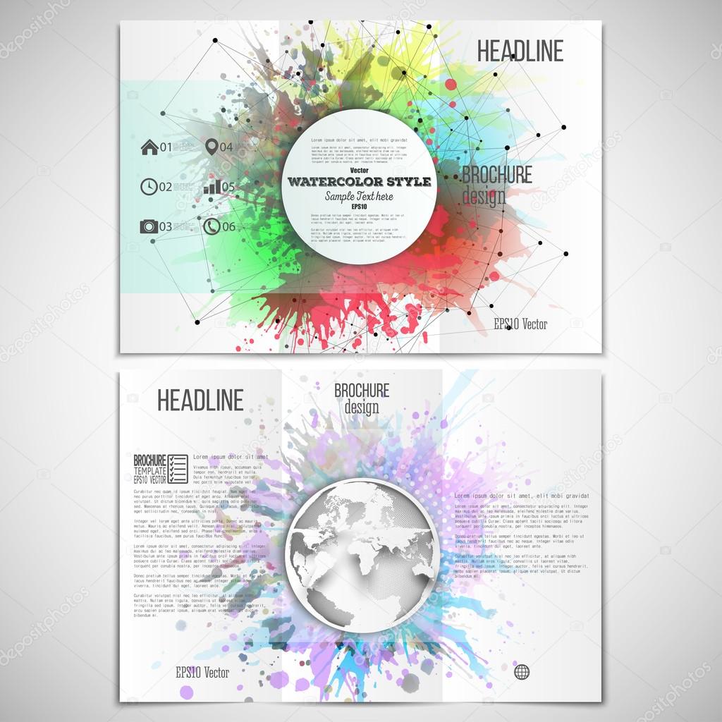 Vector set of tri-fold brochure design template on both sides with world globe element. Abstract colorful banners, watercolor stains  and molecular geometric grid, vector illustration
