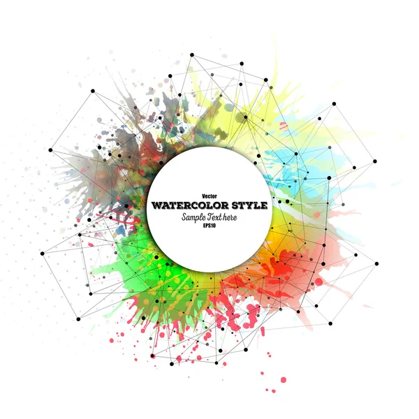 Abstract circle white banner with place for text. Colorful background, watercolor stains and molecular geometric grid, vector pattern — 图库矢量图片