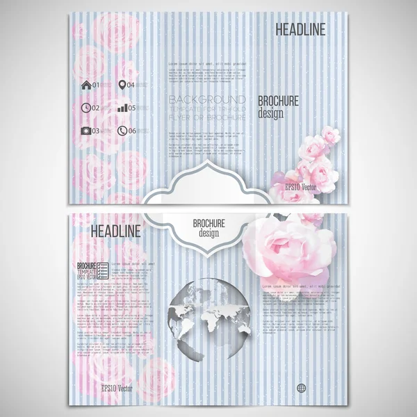 Vector set of tri-fold brochure design template on both sides with world globe element. Pink flowers over linear blue background, floral vector pattern — Stock Vector