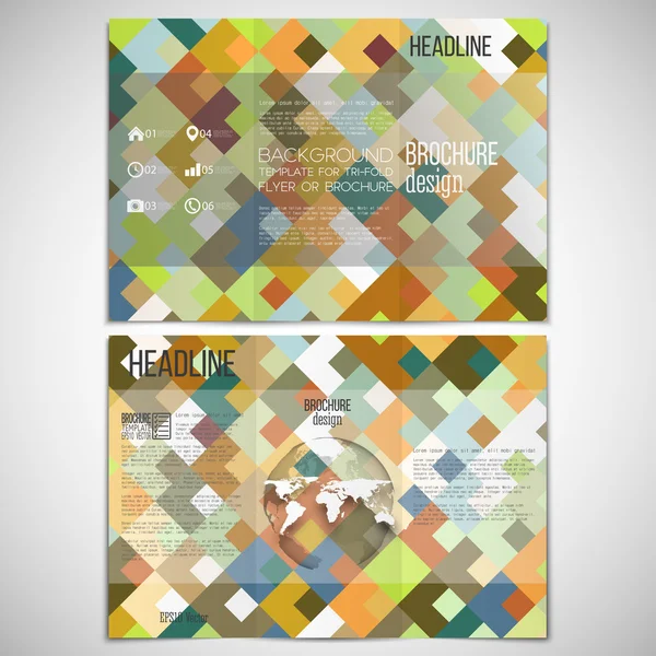 Ensemble vectoriel de gabarit de conception de brochure en trois volets des deux côtés avec élément globe mondial. Fond coloré abstrait, illustration vectorielle — Image vectorielle