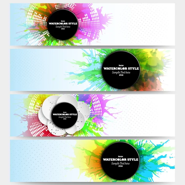 Web banners collection, abstract header layouts. Set of colorful headers with  watercolor stains and place for text, vector illustration templates — Stockvector