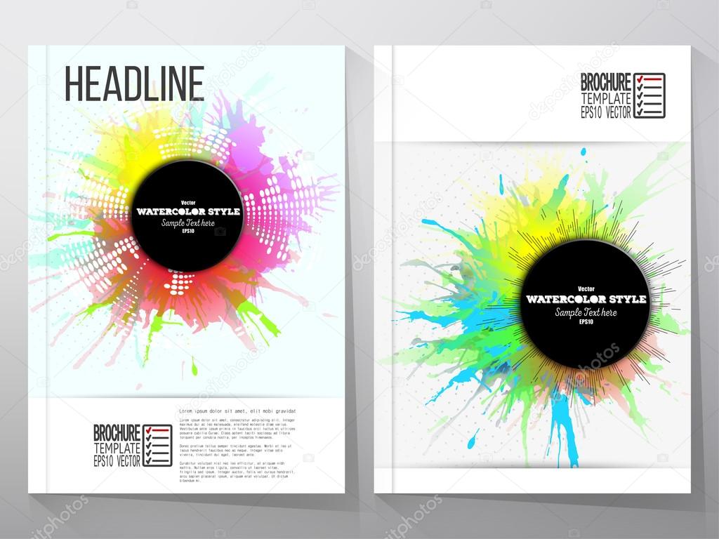 Abstract circle black banners with place for text, watercolor stains and vintage style star burst. Business vector templates, brochure, flyer or booklet