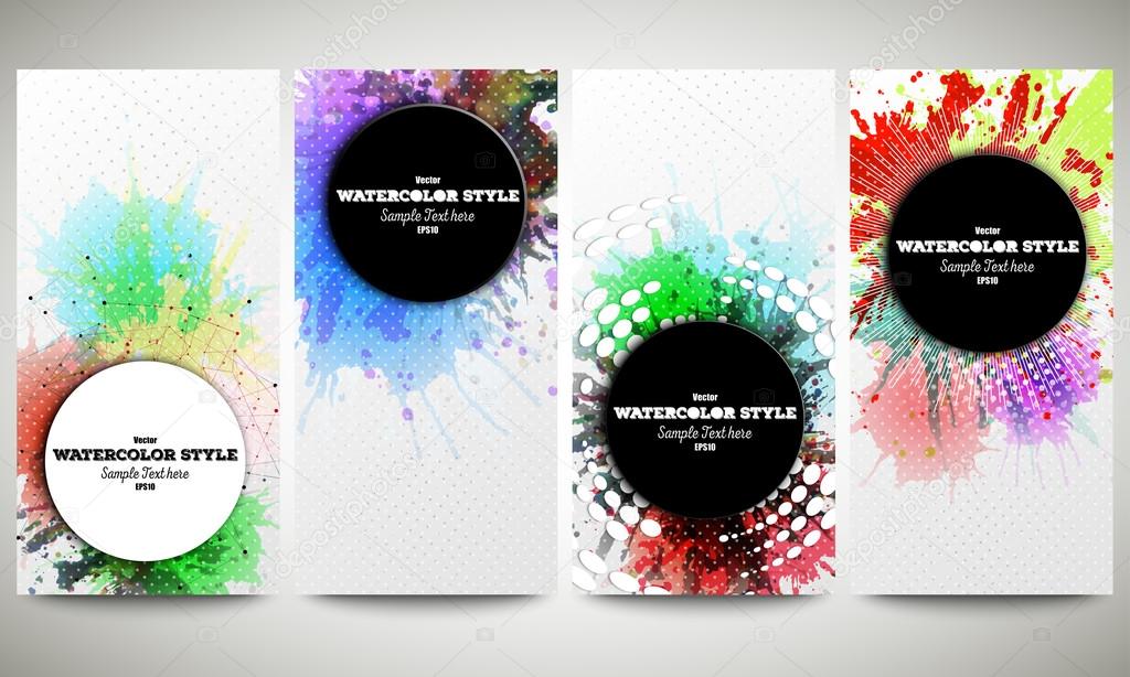 Web banners collection, abstract flyer layouts. Set of colorful flyers with  watercolor stains and place for text, vector illustration templates