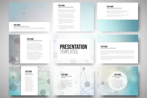 Conjunto de 9 plantillas para diapositivas de presentación. Diseño de estructura molecular, fondo de vector científico azul — Archivo Imágenes Vectoriales