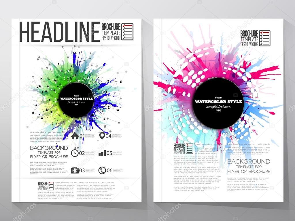 Abstract circle black banners with place for text, watercolor stains, and molecular geometric grid. Business vector templates, brochure, flyer or booklet