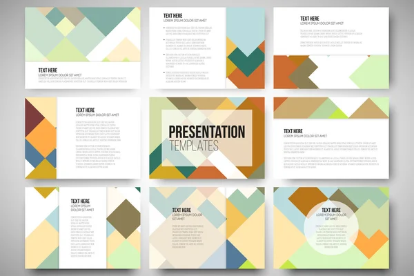 Conjunto de 9 modelos para slides de apresentação. Fundo colorido abstrato, ilustração vetorial de design quadrado —  Vetores de Stock