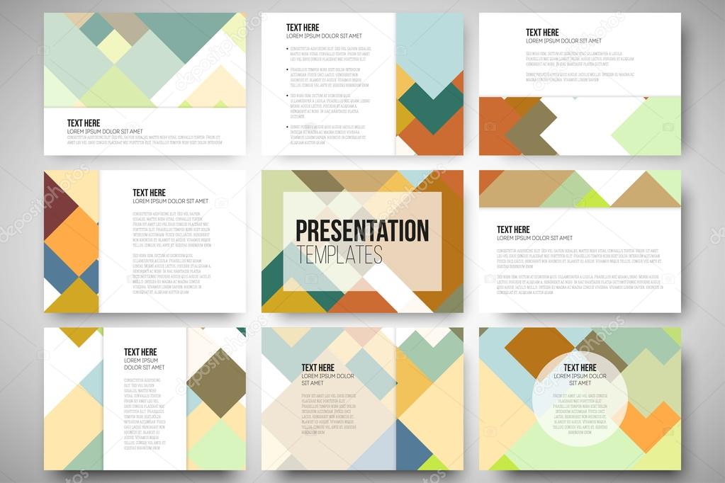Set of 9 templates for presentation slides. Abstract colored background, square design vector illustration