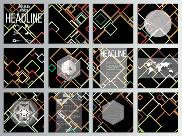 Set de 12 cartes créatives, conception de gabarit de brochure carrée. Fond coloré abstrait, illustration vectorielle — Image vectorielle