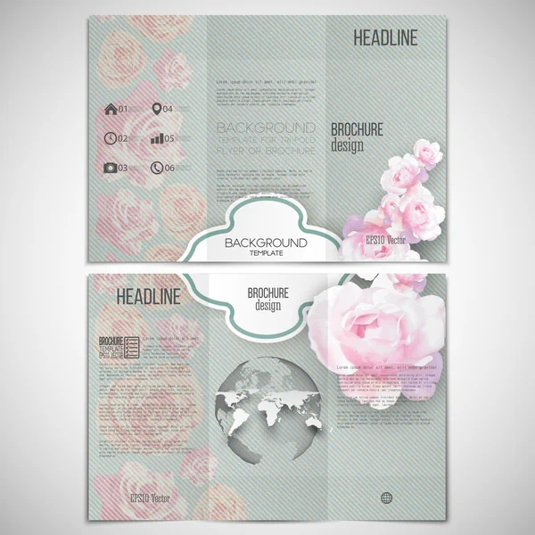 Vector set of tri-fold brochure design template on both sides with world globe element. Pink flowers over linear blue background, floral vector pattern — Stock Vector