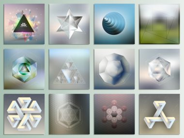 Set of unreal figures and polygon patterns with the reflection, abstract patterns, minimalistic geometric facet crystal logos on blurred background, vector elements for design