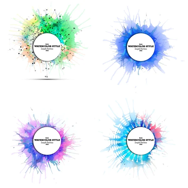 Set van abstracte cirkel witte banners met plaats voor tekst en aquarel vlekken. Kleurrijke achtergronden, zakelijke vector patronen — Stockvector