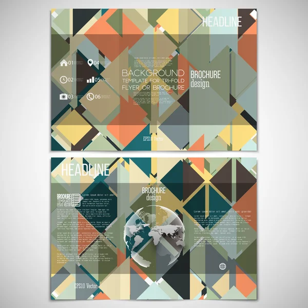 Vector set gevouwen brochure ontwerpsjabloon aan beide zijden met wereld globe element. Abstract gekleurde achtergrond, vectorillustratie — Stockvector