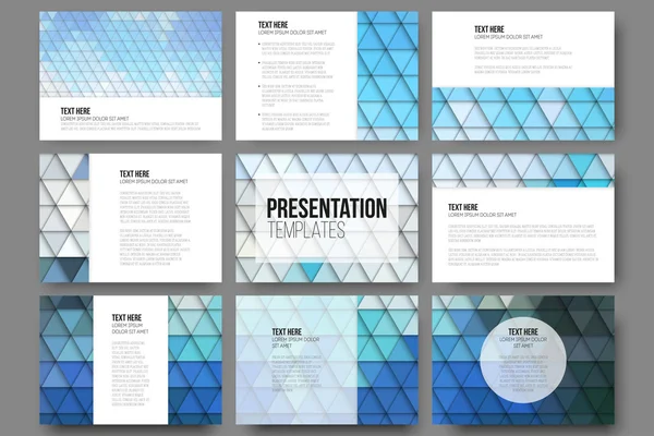 Set de 9 șabloane pentru diapozitive de prezentare. Fundaluri albastre abstracte. Vectori de design triunghi — Vector de stoc