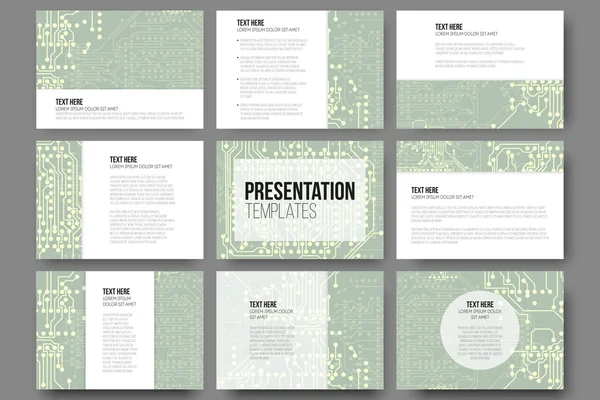 Set of 9 templates for presentation slides. Microchip backgrounds, electrical circuits backdrops. Business patterns, science vector design — Stok Vektör