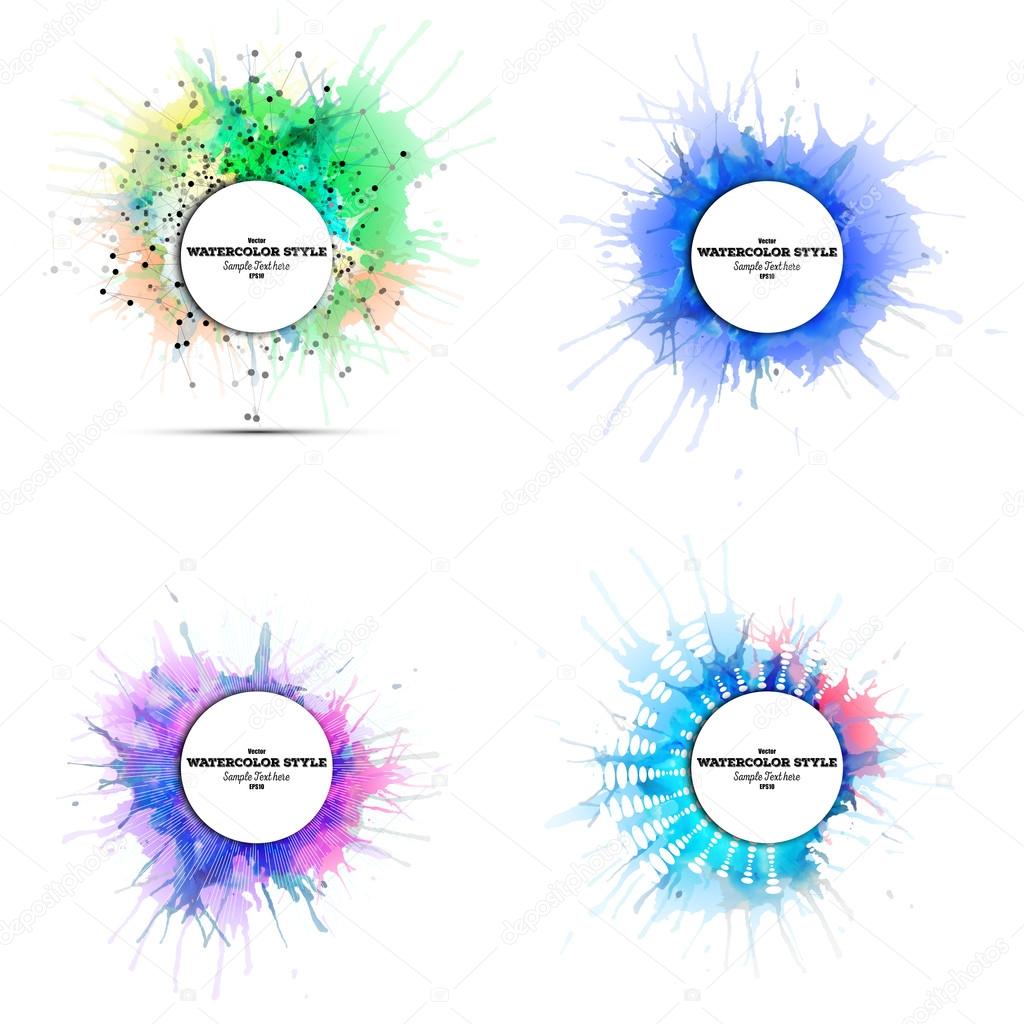 Set of abstract circle white banners with place for text and watercolor stains. Colorful backgrounds, business vector patterns