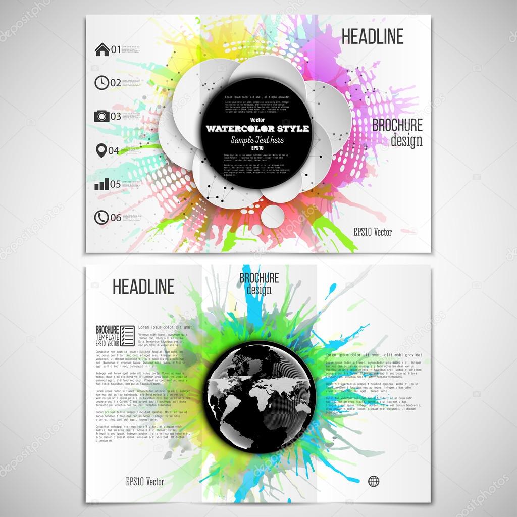 Vector set of tri-fold brochure design template on both sides with world globe element. Abstract circle black banners, watercolor stains and vintage style star burst, vector illustration