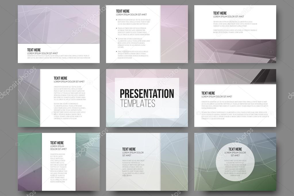 Set of 9 templates for presentation slides. Triangle design vector backgrounds